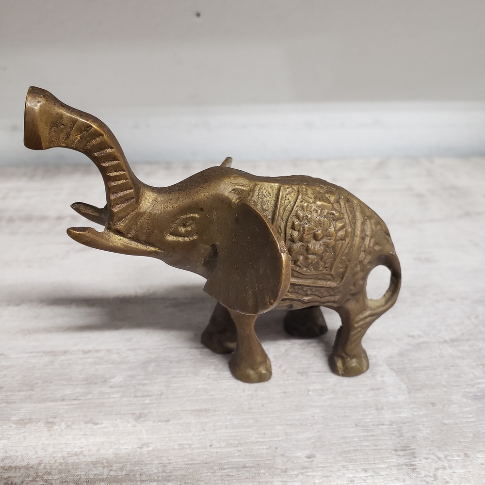 Vintage Mini Brass Elephant Figurine Decorative Statue Trunk Up Good Luck Boho